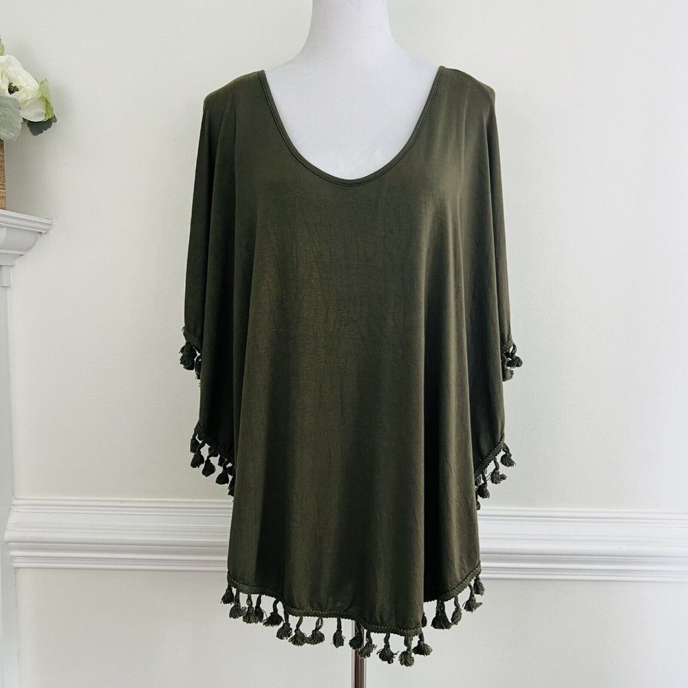 KORI AMERICA Dark Green Super Soft Flowy Tassel Trim Boho Shirt ~ Size Small